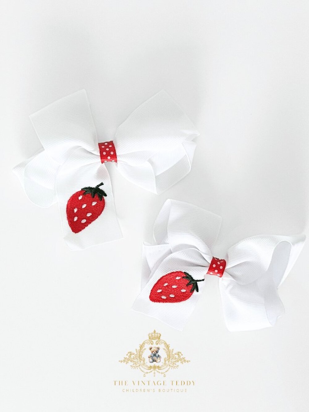 NWT Pretty Girls Hair Bows Floral Embroidery Grosgrain Ribbon Strawberry 2-Piece